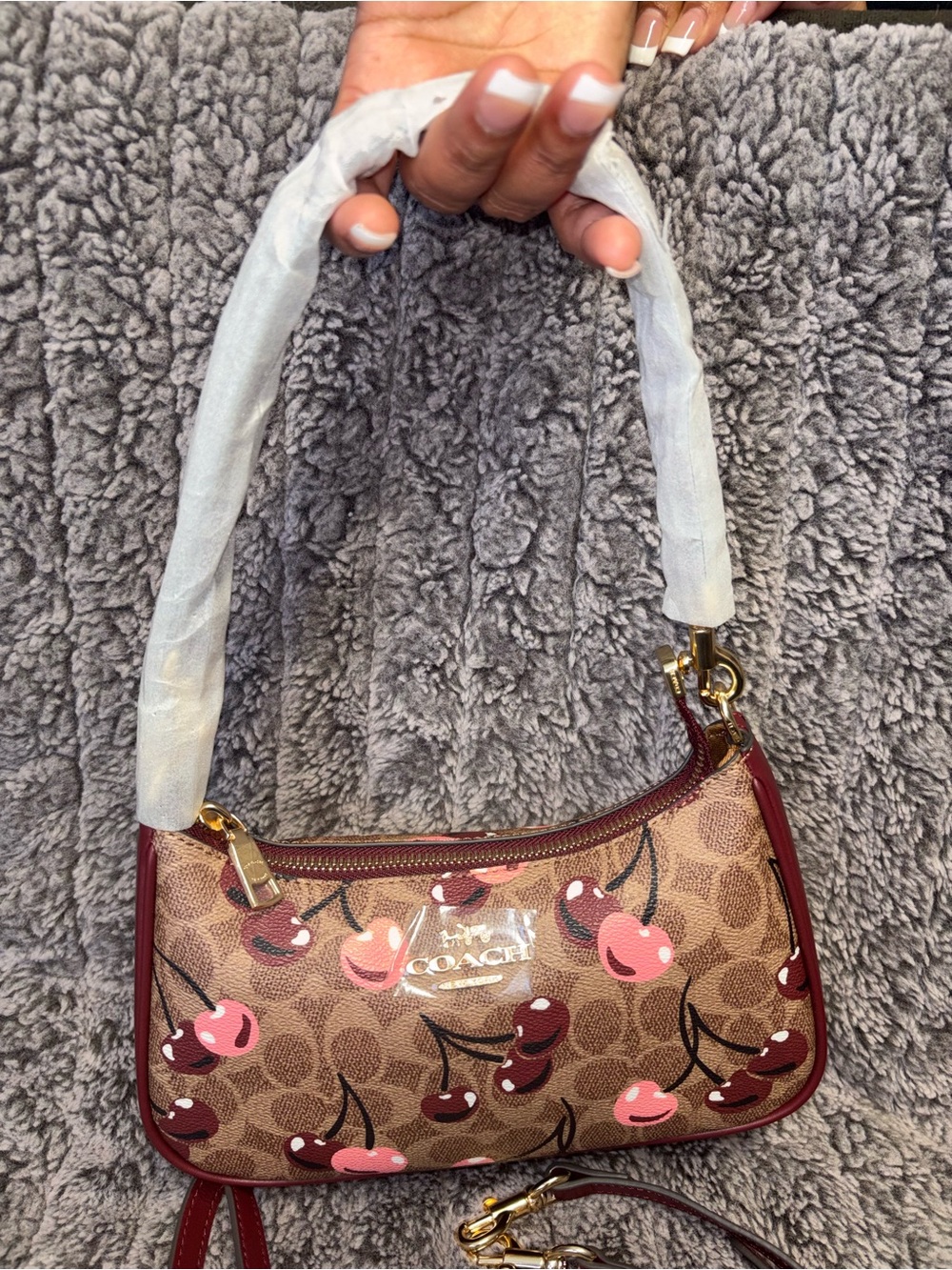 Coach Mini Shoulder Bag in Brown with Red Cherry Print